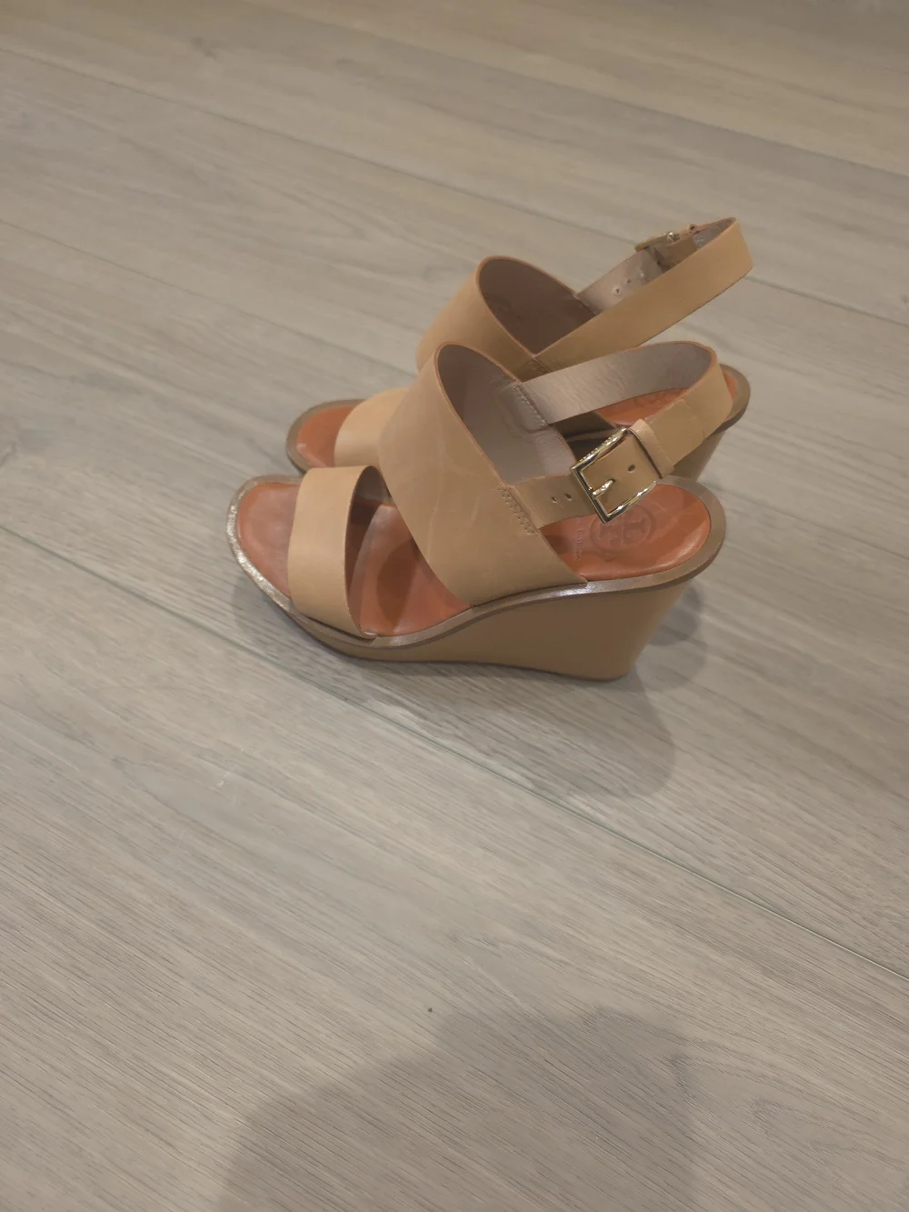 Tory Burch Tan Leather Wedge Slingback Sandals